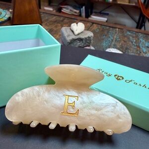 E Monogramed Cream Hair Claw Clip with Gold Letter E